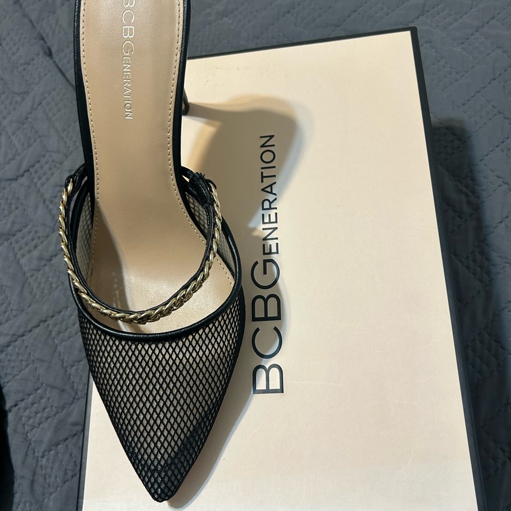 BCBGeneration Black Mesh Heels with Gold Details